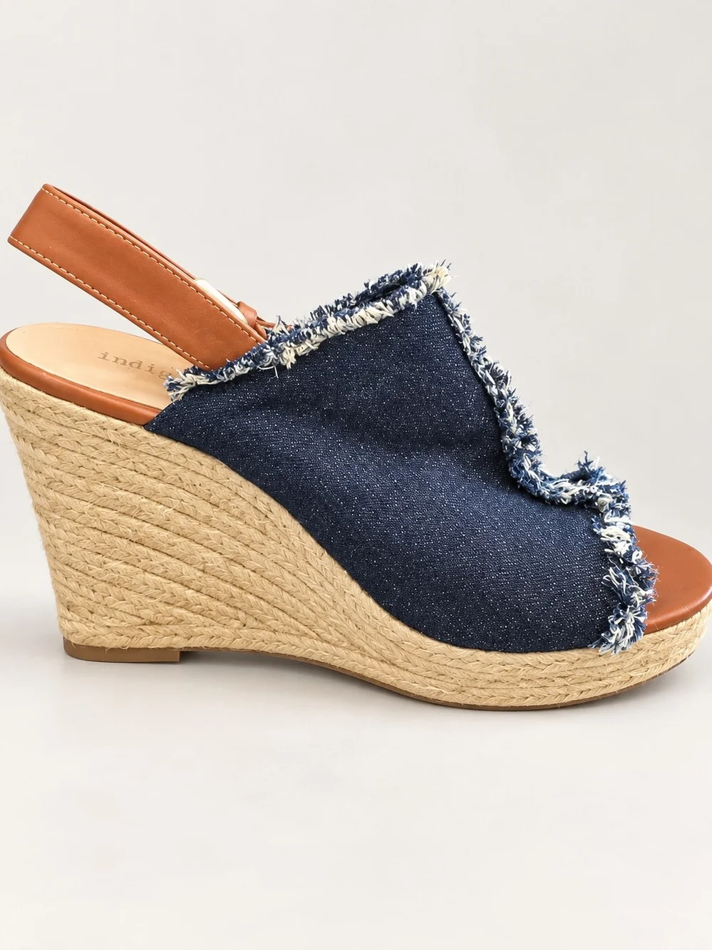 Indigo Denim Frayed Espadrille Wedge Slingbacks - Blue and Tan